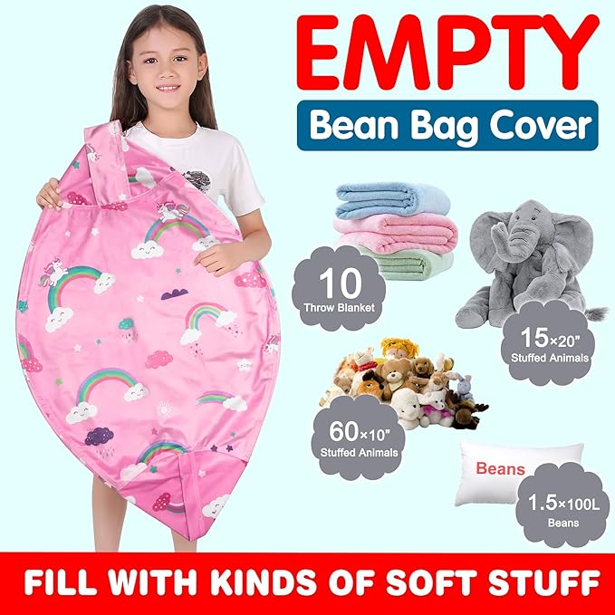 Lukeight Unicorns Stuffed Animal Storage Bean Bag Chair Cover for Kids, Unicorns Zipper Beanbag Chair Cover for Organizing Toddler and Kids' Rooms Plush Toys (Rainbow Pink, Large)