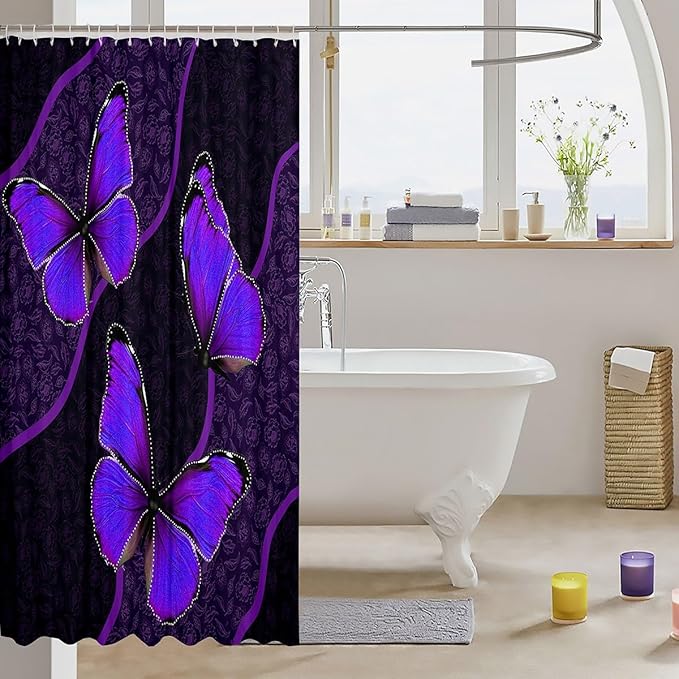 Feelyou Butterfly Shower Curtain 72"x78" Kids Butterflies Botanical Floral Print Bathroom Shower Curtain Set for Boys Girls Teens Geometric Stripes Bath Curtain Purple Bathroom Accessories