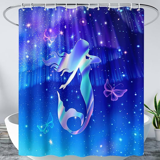 AILONEN Mermaid Shower Curtain for Bathroom,Blue Mermaid Star Girls Kids Bath Curtain 36" W*72" H,Beautiful Mermaid Decorative Waterproof Curtain with 12 Plastic Hooks