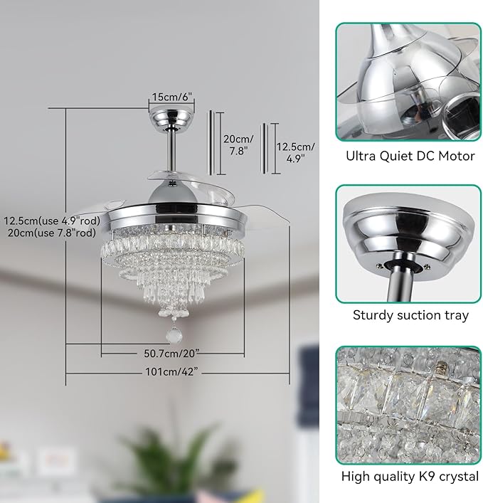 LEONTYNE 42" Modern Fandeliers Chandelier Ceiling Fan LED Dimmable Crystal Ceiling Fan with Light and Remote 6 Speed 3 Blades Retractable Fans for Bedroom Living Dining Room