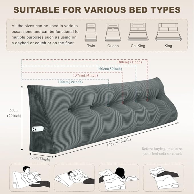 Headboard Pillow - Queen-Sized Headboard Wedge Pillow for Daybeds and Bunk Beds - Durable, Comfortable, with Removable Velvet Cover (Dark gray, 76x20x8Inches)