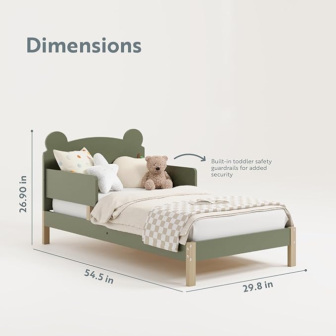 Storkcraft Teddy Bear Toddler Bed (Olive with Driftwood) - GREENGUARD Gold Certified, includes Toddler Safety Guardrails, Fits Standard Crib & Toddler Mattress, Stylish 2-Tone Design