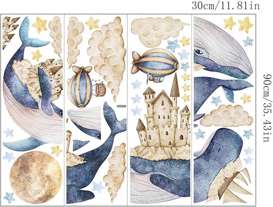 Cartoon Animals Wall Stickers for Kids Bedroom Nursery, Whale Wall Decals, Blue