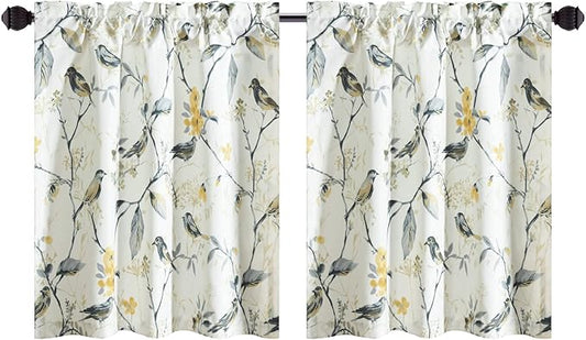 Leeva Elegant Grey Birds Curtain Tiers, Farmhouse Style Linen Textured Short Window Treatment for Bathroom Living Room Cafe, 2 Panels Set, 29 x 24 Inch