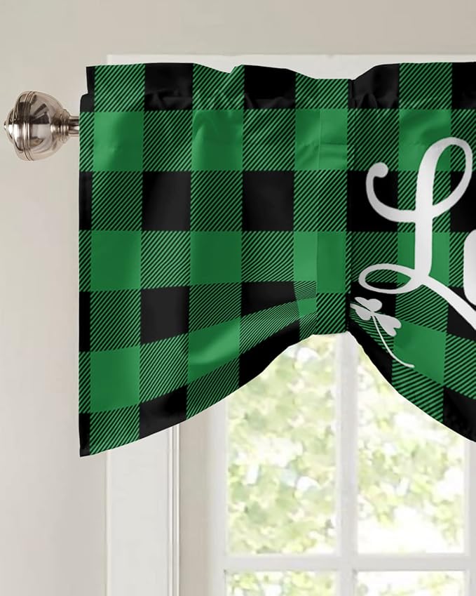 St. Patrick's Day Buffalo Plaid Blackout Tie Up Valance Curtains for Kitchen Windows Lucky Shamrocks Clover Window Toppers Balloon Shades for Living Room/Bathroom/Bedroom,1 Panel, 42" X 12",Green