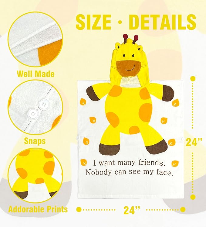 Toddler Bath Towel Hooded - Cotton Kids Beach Towel 24"x24" for Ages 1 to 5, Toddler Towels with Hood Snaps, Soft Terry Poncho Towel as Pool Swim Cover Ups for Girls Boys (Giraffe White)