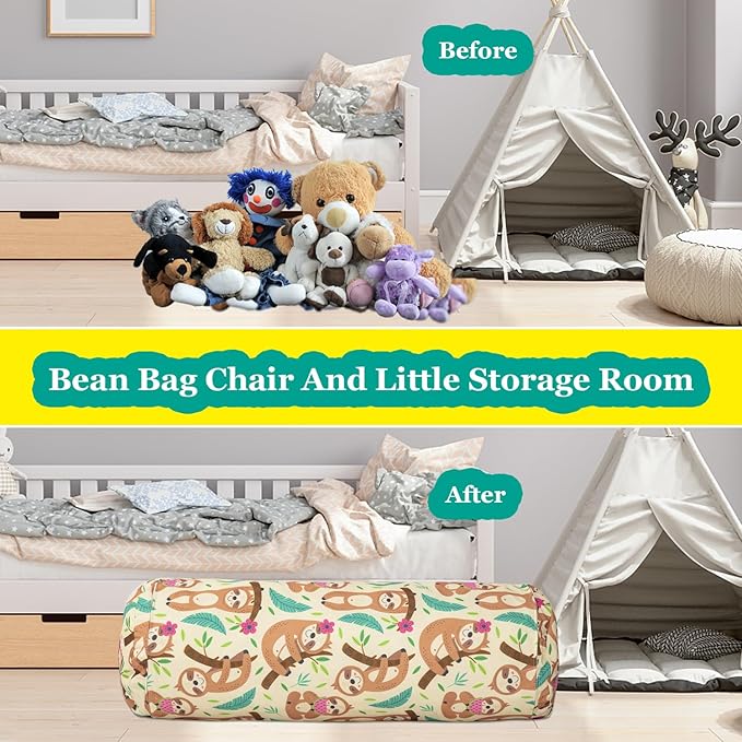 Stuffed Animal Bean Bag Storage Chair for Kids Cover Only (No Filler), Organize, Sit, Play & Boxing, 100% Cotton Canvas Washable, Ultra Soft Cylinder Long Vertical Zipper Best Gift for Child
