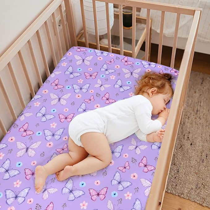 JISEN Baby Crib Sheets Soft Breathable Butterfly Fitted Crib Sheets Baby Sheet for Standard Crib and Toddler Mattress Baby Bed Sheets for Crib for Baby Boys Girls Neutral 52x28 Inch