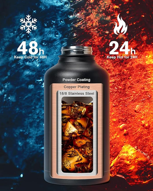 Half Gallon Water Bottle,64oz Insulated Water Bottle Stainless Steel Vacuum, Cold for 48 Hrs,BPA-Free & Leakproof -with Handle,Straw Spout Lids,Big Flask Jug for Gym Sports,Black without Pouch