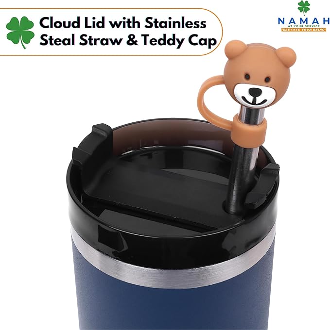 Tumbler with Handle & Extra Cloud LID – 30oz/900ml, Premium 304 Stainless Steel, Insulated Water Bottle, Leak-Proof, Steel Straw, Teddy Straw Cap, Cleaning Brush & Carabiner Hook (Midnight Teal Blue)