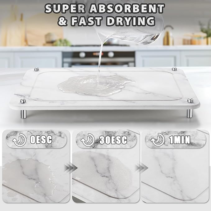 Stone Drying Mat for Kitchen Counter , IPOW Diatomaceous Dish Drying Mats Superb Absorbent,Heat-ResistantFast Drying Stone Mat Kitchen with Non-Slip Stainless Steel Feet(White)