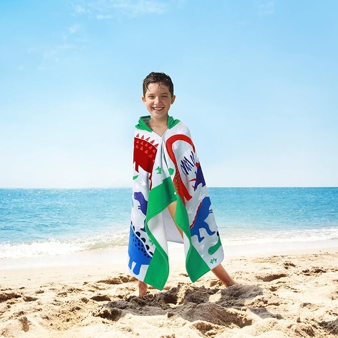 Wowelife Kids Beach Towels, Hooded Towels for Kids, Dinosaur Poncho Towel Wrap, Premium 100% Cotton Soft and Breathable, Extra Large 50"x30", Multi Use for Bath Pool Beach Swim Bathroom