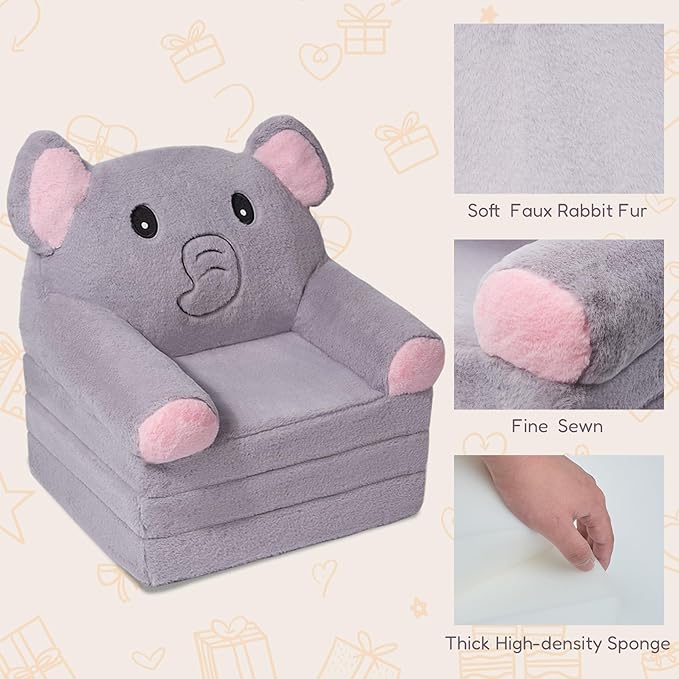 Kids Sofa Chair for Toddler, 2-in-1 Folding Soft Baby Couch with Removable Cover, Comfy Plush Children's Recliner, Convertible Floor Sofa Bed to Lounger for Girls Boys Age 1-3,Elephant Grey