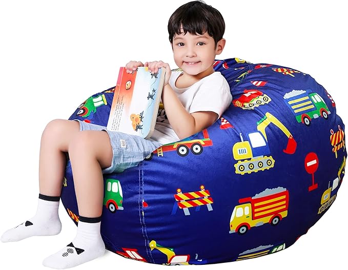 Lukeight Stuffed Animal Storage Bean Bag Chair Cover for Kids, Zipper Beanbag Chair Cover for Organizing Toddler and Kids' Rooms Plush Toys (Excavator Velvet, X-Large)