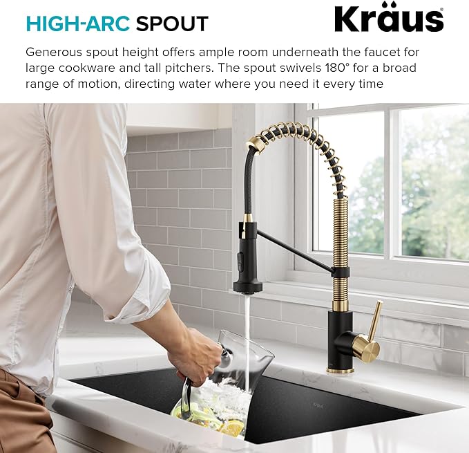 KRAUS Bolden Commercial Style Pull-Down Single Handle 18-Inch Kitchen Faucet in Brushed Brass/Matte Black, KPF-1610BBMB