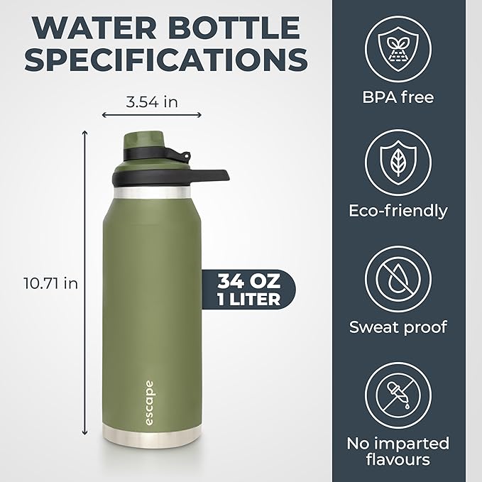 Escape 1 Liter Water Bottle Ideal for Gym Dishwasher Safe 34 oz Insulated Stainless Steel that Keeps Hot & Cold Wide Mouth WHITE