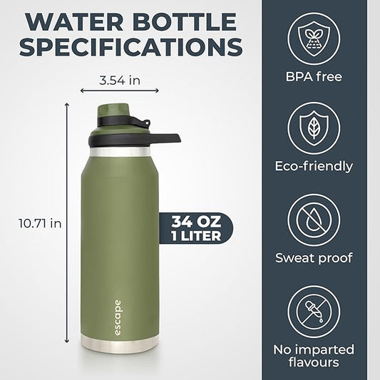 1 Liter Water Bottle Ideal for Gym Dishwasher Safe 34 oz Insulated Stainless Steel that Keeps Hot & Cold Wide Mouth EVERGREEN ESCAPE