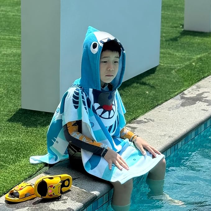 Hooded Kids Beach Towels - Toddler Bath Towel Girls Boys Swim Cover-ups for Ages 1 to 6 Kids Pool Towels Quick Dry Lightweight Soft Microfiber Poncho Towel 24x23(Shark SkyBlue)