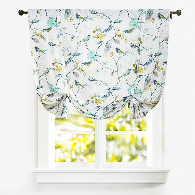 Leeva Tie Up Windows Curtains for Kitchen, Green Vivid Birds Printed Pattern Thermal Insulated Shades Curtain for Small Windows, 42x63 in, One Panel