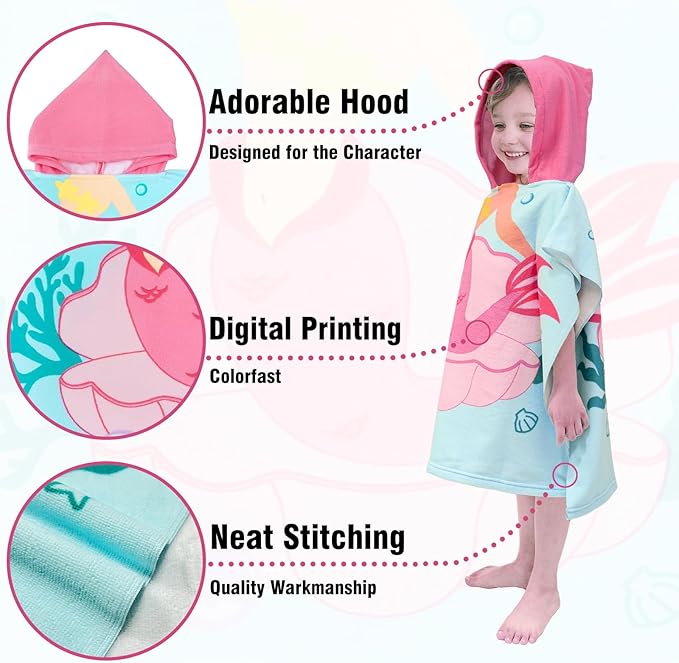 Hooded Kids Beach Towels - Toddler Bath Towel Girls Boys Swim Cover-ups for Ages 1 to 6 Kids Pool Towels Quick Dry Lightweight Soft Microfiber Poncho Towel 24x23 (Mermaid Seashell)