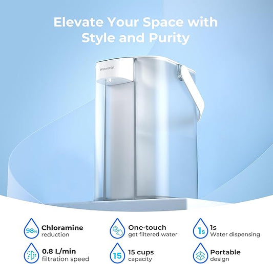 Waterdrop Chloramine Reduction Electric Water Filter Pitcher, Dispenser, 200-Gallon Long-Life Filtered Water Pitchers, NSF/ANSI 42, Reduce Chloramine, Lead, PFAS, 15-Cup, White, with 1 Filter