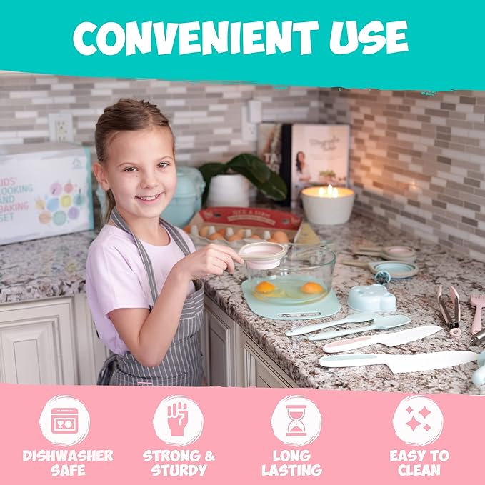 Kids Baking Set Real Cooking Set for Kids , Baking Supplies with Adult and Kid Aprons - Real Tools for Real Cooking Kids Baking Sets for Girls and Boys Kid Cooking Gift Set (Cyan)