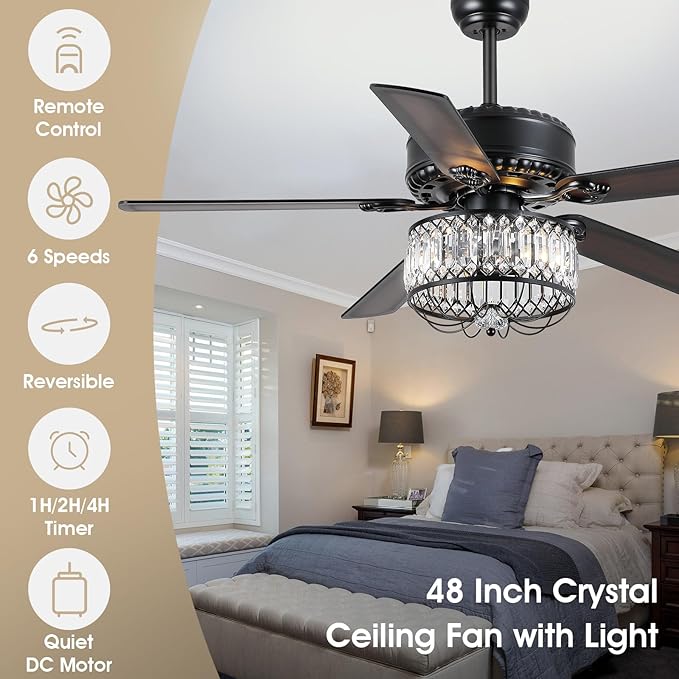 Chandelier Ceiling Fans with Lights - 52 Inch Modern Farmhouse Fandelier Ceiling Fan with Remote, Crystal Ceiling Fan Light for Bedroom Living Dining Room, Dual Finish Wooden Blades, Black