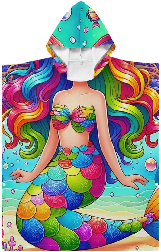 senya Mermaid Kids Beach Towel, Cartoon Color Mermaid Hooded Bath Pool Beach Towel Wrap Cover-ups Beach Poncho for Boys Girls