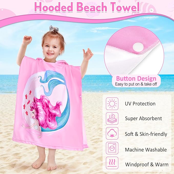 HUANLANG Kids Hooded Beach Towel for Boys Girls,Bath Pool Beach Poncho Towels Super Soft & Absorbent Cotton Towel Childrens Mermaid Beach Towels for Toddler 0-7 Years Old