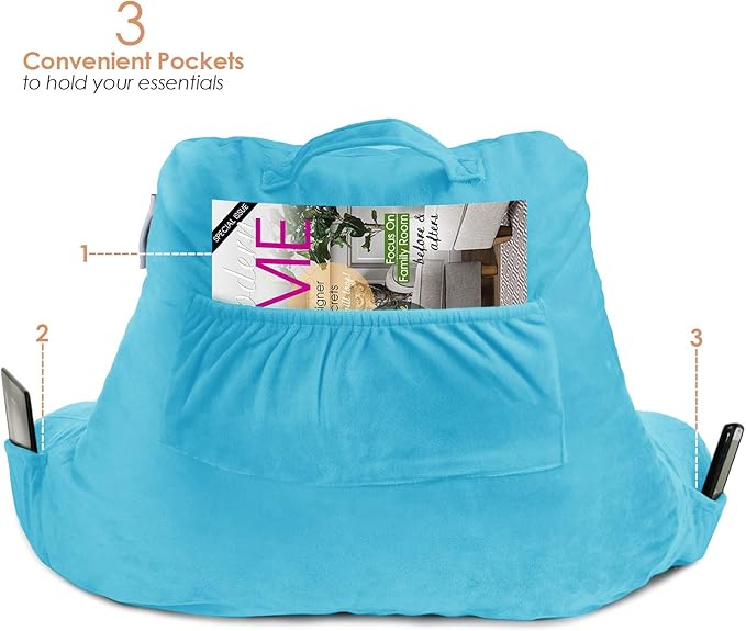 Nestl Reading Pillow Standard Bed Pillow, Back Pillow for Sitting in Bed Shredded Memory Foam Chair Pillow Reading & Bed Rest Pillows Bright Blue Back Pillow for Bed, Bed Chair Arm Pillow with Pockets
