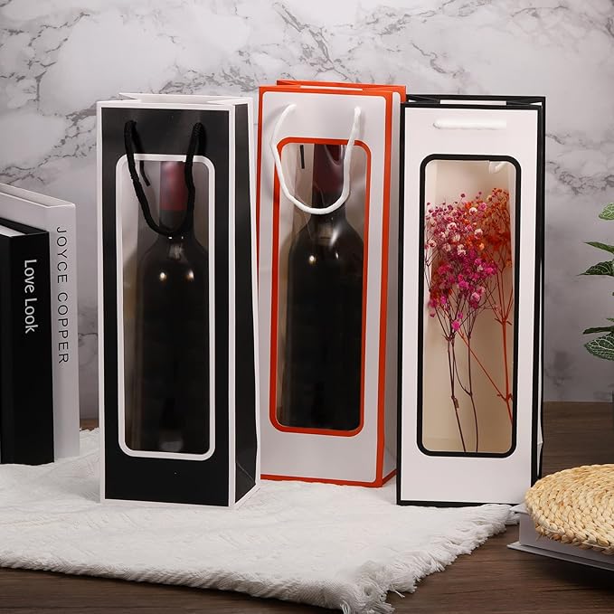 uxcell Wine Bags, 12pcs 4.92"x3.35"x14.2" Wine Gift Bags with Rope Handles, Paper Wine Tote Bag with Clear Window for Wedding Birthday Christmas, White Black