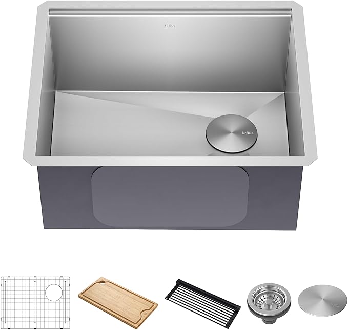 KRAUS KWU111-23 Kore Workstation 23-inch Undermount 16 Gauge Single Bowl Stainless Steel Kitchen Sink with Integrated Ledge and Accessories (Pack of 5)