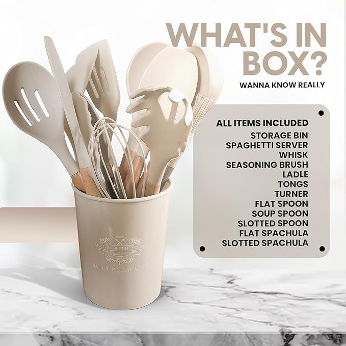 Silicone Utensil Set, 12 PCS Wooden Handle Nontoxic BPA Free 100% Food Grade Silicone Spoon Spatula Ladle Turner Tongs Kitchen Gadgets Utensil Set for Nonstick Cookware (Khaki)