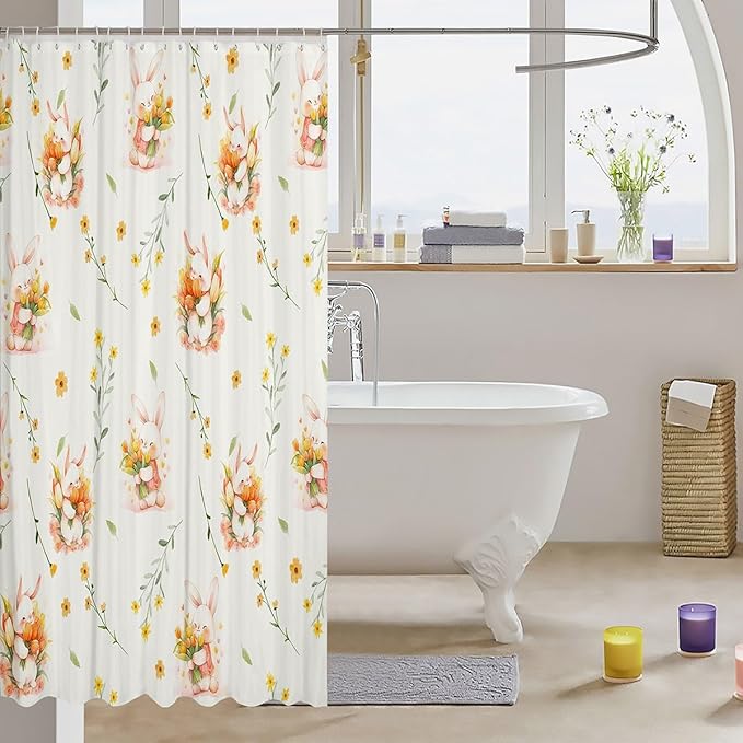 Cartoon Rabbits Kids Shower Curtains,Tulip Sunflowers Leaves Rustic Bathroom Curtains for Girls Boys,Happy Easter Cute Animals Colorful Bright Waterproof Curtains,12 Hooks Suits,72" W x 78" L