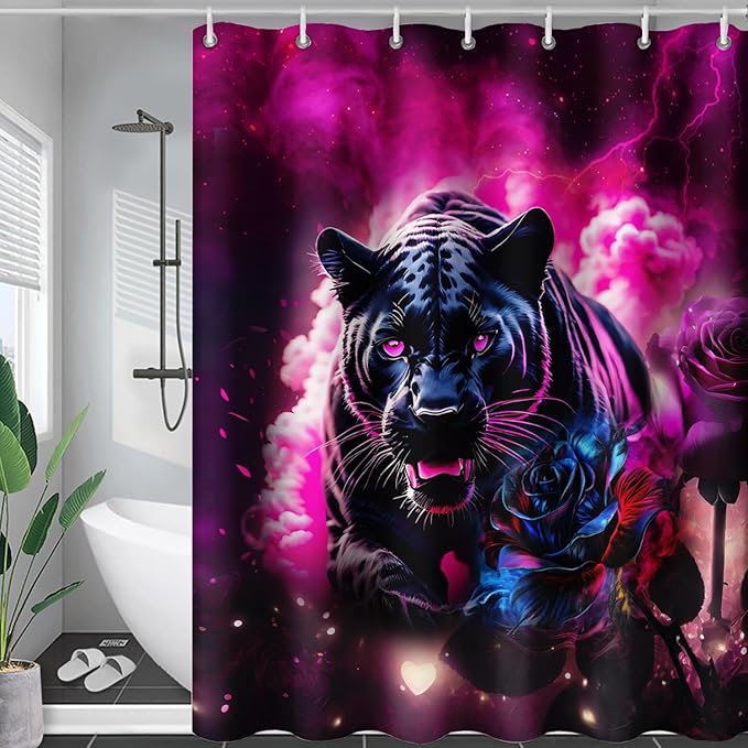 AILONEN 3D Black Panther Shower Curtain for Bathroom,Romantic Rose Smoky Leopard Printed Bath Curtain,Wildlife Cheetah Decoration Shower Curtain Waterproof 72" W*96" H
