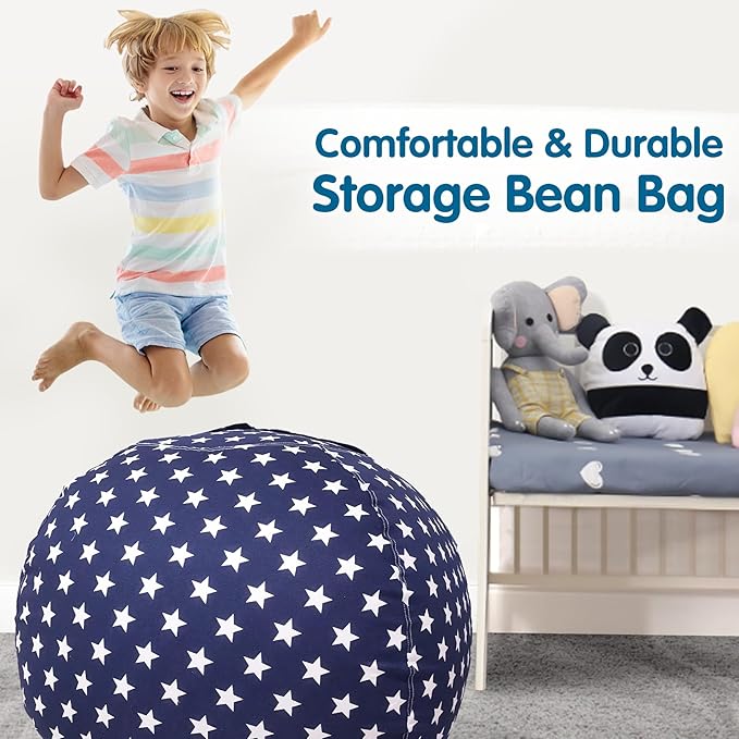 Lukeight Stuffed Animal Storage Bean Bag Chair Cover for Kids, Zipper Beanbag Chair Cover for Organizing Toddler and Kids' Rooms Plush Toys (Stars Navy, Large)