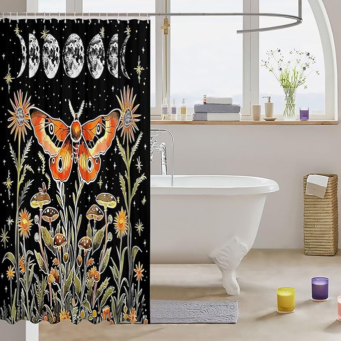 Feelyou Death Moth Shower Curtain Hippy Mushroom Fabric Shower Curtain for Kids Boys Girls Colour Bathroom Waterproof Accessories with 12 Hooks Bohemian Style Curtains,72x84 Inches