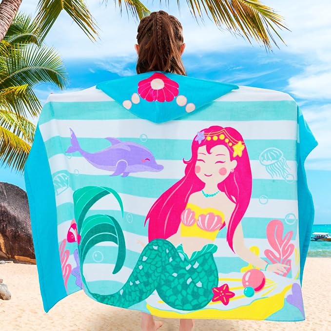 VOOVA & MOVAS Toddler Bath Towels Age 3-10,100% Cotton | Soft | Thick, Hooded Towel for Kids Girls, Perfect for Beach, Pool, Bath,Swim, Stripe Mermaid