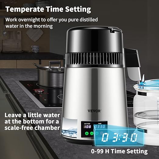 VEVOR 1.1 Gal Water Distiller, 0.3 Gal/H, Distilled Water Maker Machine, 750W, 304 Stainless Steel Countertop Distiller, Glass Carafe, Cleaning Powder, Carbon Packs, Silver