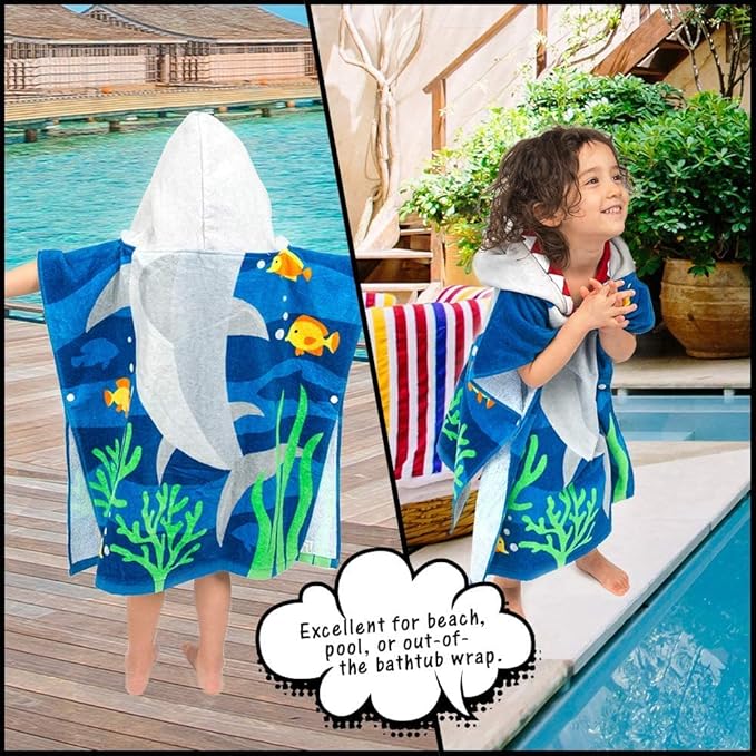 Toddler Hooded Beach Towel Coverup Cape Kids Cotton Soft Quick Dry Absorbent Use for Swim Pool Bath Poncho Towels 2 to 6 Years Old Children 24"x 47" in Full-Length (Brave Shark)
