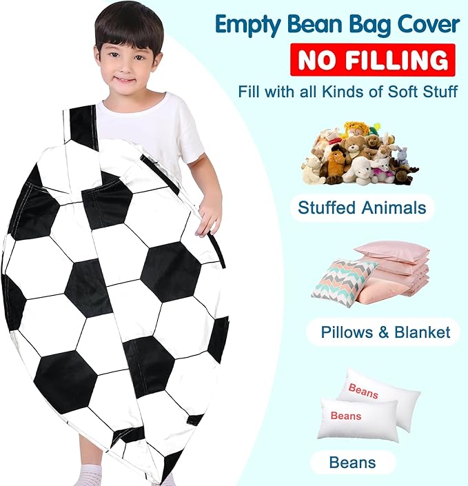 Lukeight Stuffed Animal Storage Bean Bag Chair Cover for Kids, Soccer Zipper Beanbag Chair Cover for Organizing Toddler and Kids' Rooms Plush Toys (Soccer Velvet, XX-Large)