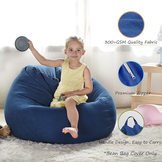 YuppieLife Stuffed Animals Bean Bag Chair Cover Candy-Colored Bean Bag(Just Cover, No Filling)/Large Stuff 'n Sit Organization/Toy Storage Bag/Kids Toys Organizer(27'',Navy Blue