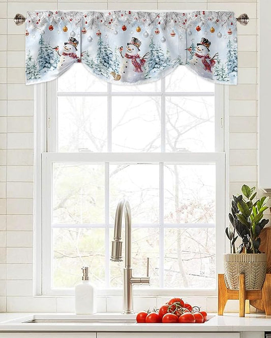 Snowman Blackout Tie Up Valance Curtains for Kitchen Windows Blue Merry Christmas Tree Red Balls Squirrel Window Toppers Balloon Shades for Living Room/Bathroom/Bedroom,1 Panel, 42" X 12", Winter