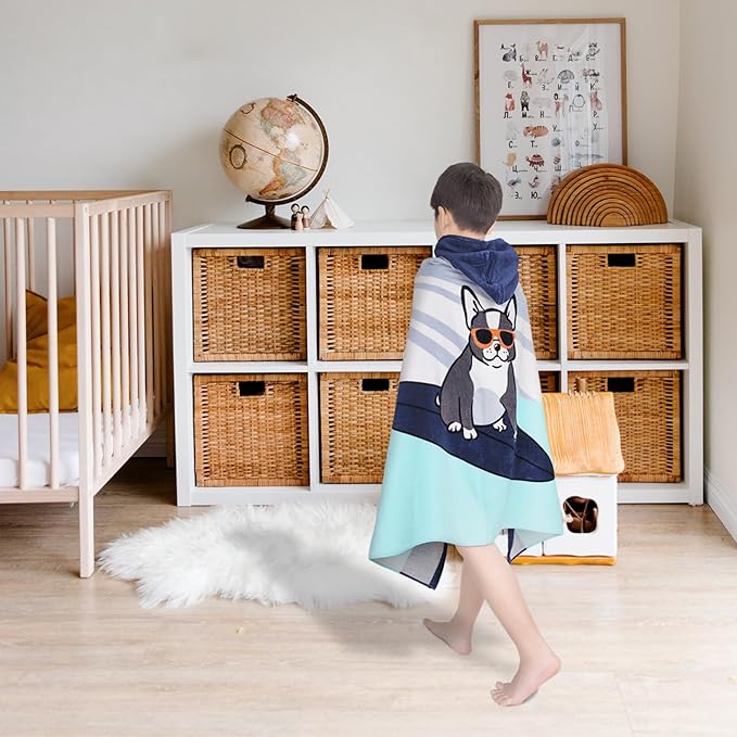 Toddler Bath Towel Hooded - Cotton Kids Beach Towel 30"x50" for Ages 3 to 10, Soft Terry Poncho Towel as Pool Swim Cover Ups for Girls Boys (Bull Dog Surfing)