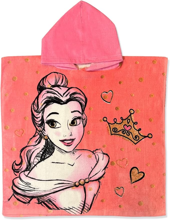 KOMARKIDS Disney Princess Belle 2 Tones Pink Princess Crown Hearts and Polka dots,#TeamBelle Poncho Hooded Towel