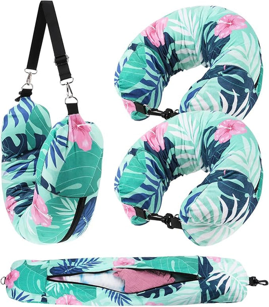 2 PCS Stuffable Travel Pillow, Stuffable Neck Pillow for Travel, Portable Self-Fillable Design Travel Pillow U-Shaped with Snap Strap Storage Bag, Monstera Leaf(Pillow Cover Only, No Filler)