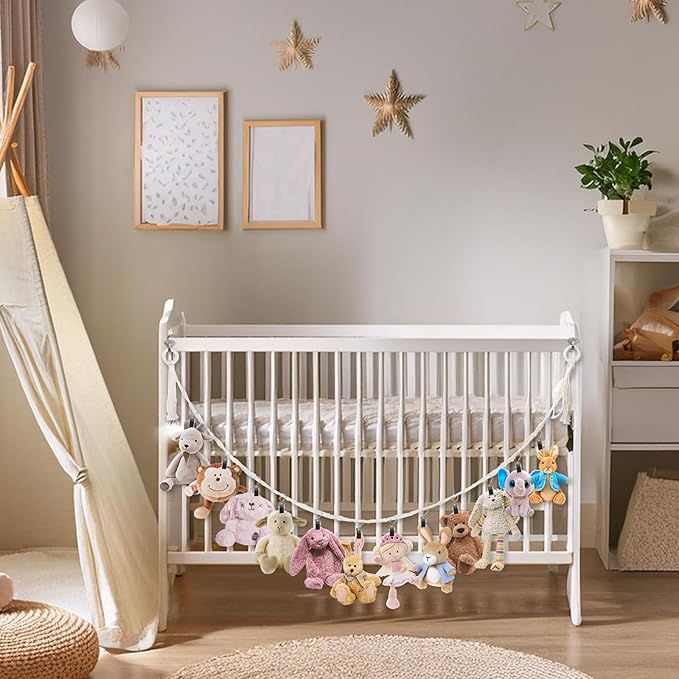 Stuffed Animal Storage Chain 80 Inch, Munzong 4pcs Beige Hanging Stuff Animals organizer, Cotton Toy Display Chain with 80 Clips, Toys Organizers Holder for Toddler Kids Nursery Room Wall Corner Decor