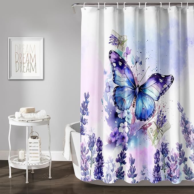 AILONEN Beautiful Butterfly Shower Curtain Bathroom 48" W*72" H Purple Butterfly Curtain Cloth Fabric Bathroom for Girls Kids,Deep Color Shower Curtain Set