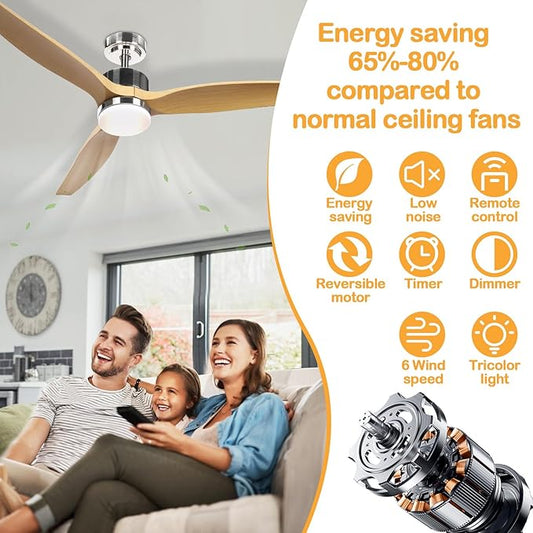 Ceiling Fan with Lights, 52" ,with Remote Control,2 Poles,LED Dimmable,Reversible DC Motors, Timer Noiseless,Bedroom Living Room Indoor&Outdoor,Very Energy Conservation