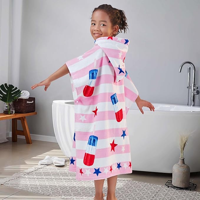 VOOVA & MOVAS Kids Beach Towels with Hood (4-8Years), Super Absorbent Soft Cotton Bath | Pool Towel for Boys and Girls, Perfect for Swim | Gifts, Pink Ice Lolly